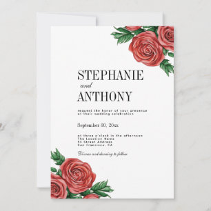 Elegant Rust Red and Sage Floral Roses Wedding Invitation