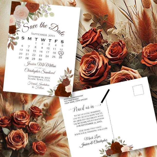Elegant Rust Roses Wedding Save the Date Calendar Announcement Postcard (Front/Back)