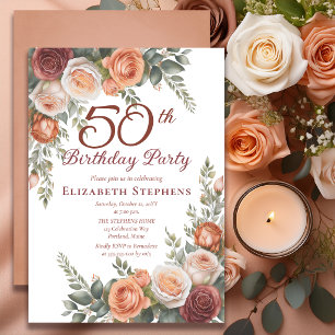 Elegant Rust Terracotta Rose Floral 50th Birthday Invitation