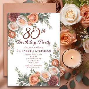Elegant Rust Terracotta Rose Floral 80th Birthday Invitation