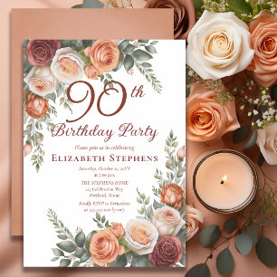 Elegant Rust Terracotta Rose Floral 90th Birthday Invitation