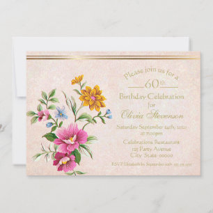 Elegant Rustic Antique Gold Floral 60th Birthday Invitation