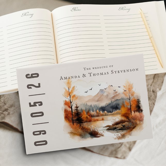 Elegant rustic autumn landscape wedding guest book (Watercolor autumn wedding for a rustic charming celebration. Earthy montains and river illustration )