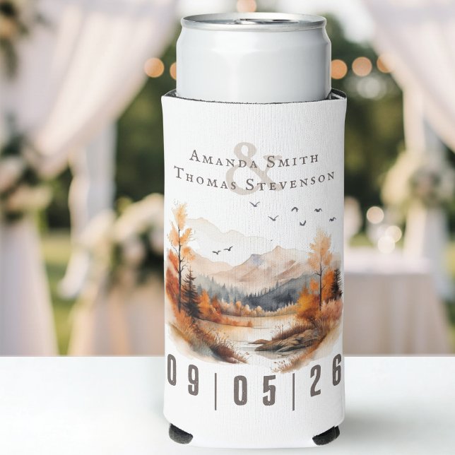 Elegant Rustic Autumn Landscape Wedding Seltzer Can Cooler (Creator Uploaded)