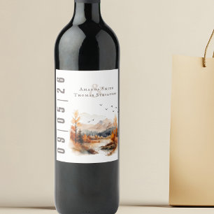 Elegant Rustic Autumn Landscape Wedding Wine Label