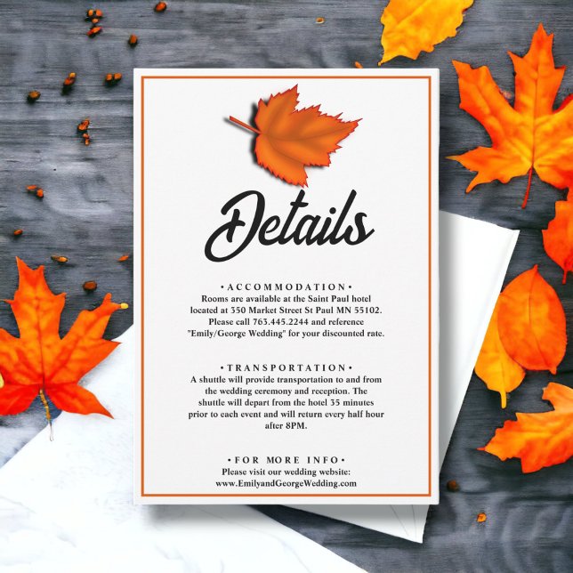 Elegant Rustic Autumn Leaves Fall Wedding Details Enclosure Card (Creator Uploaded)