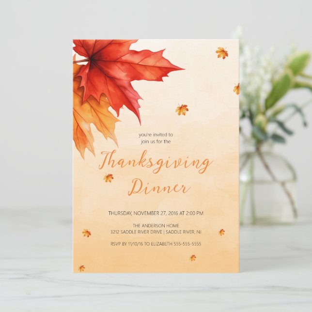Elegant Rustic Autumn Leaves Thanksgiving Dinner Invitation (Standing Front)