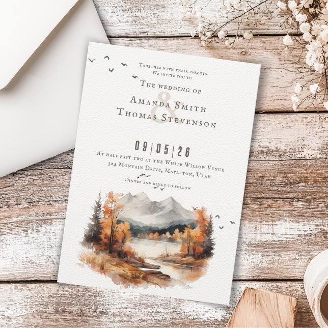Elegant rustic autumn montain landscape wedding invitation (Creator Uploaded)