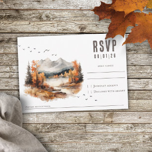 Elegant rustic autumn montain landscape wedding RSVP card