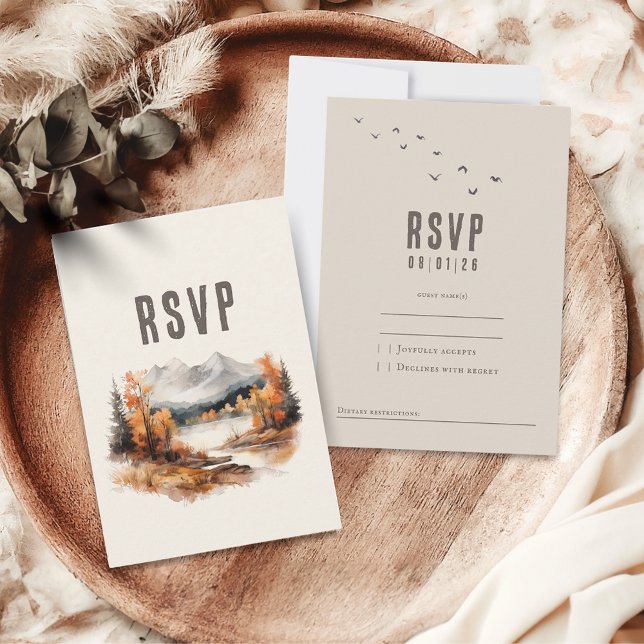 Elegant rustic autumn montain landscape wedding RSVP card (Creator Uploaded)