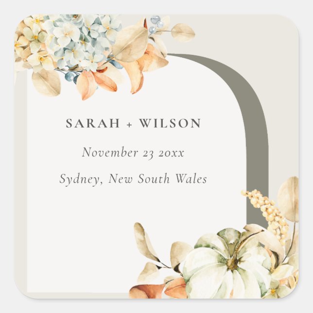 Elegant Rustic Autumn Pumpkin Arch Floral Wedding Square Sticker (Front)
