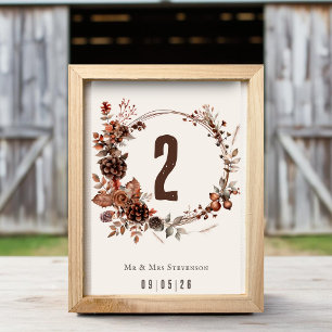 Elegant rustic autumn wedding wreath table number
