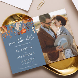 Elegant Rustic autumnal floral blue wedding photo Save The Date
