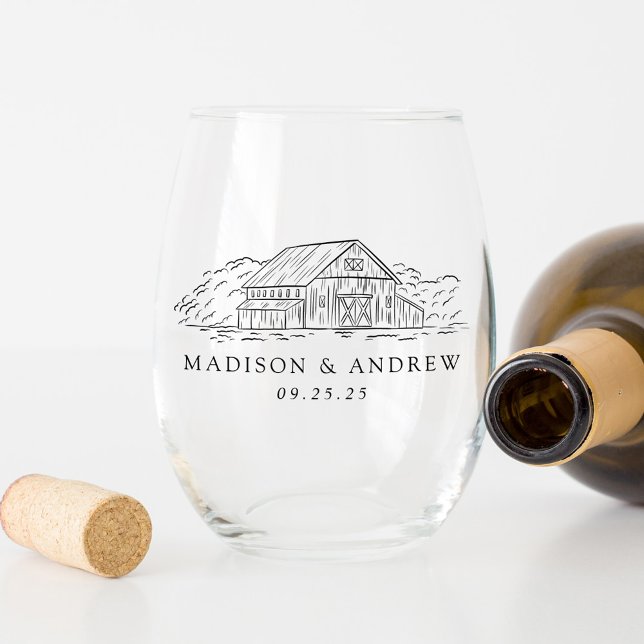 Elegant Rustic Barn Personalised Wedding Stemless Wine Glass (Creator Uploaded)