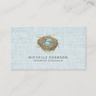 Elegant Rustic Bird Nest Pastel Blue Linen Business Card