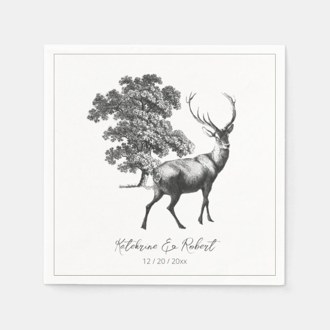 Elegant Rustic Black White Deer in Woods Napkin (Front)