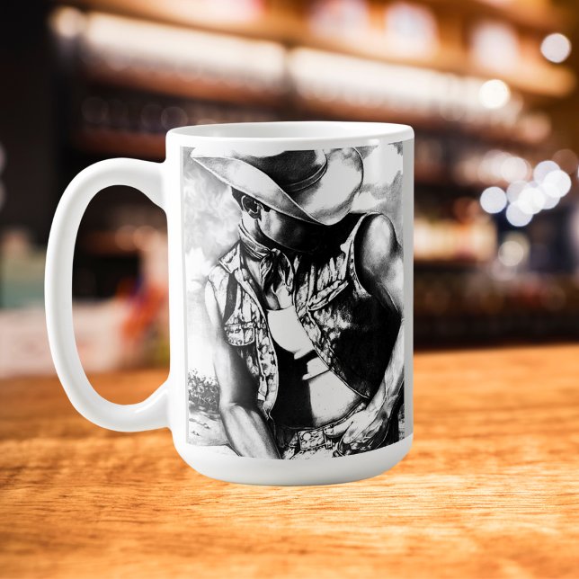 Elegant, Rustic Black & White Sketch Cowboy  Coffee Mug (Cowboy bracing from the wind and dust coffee mug.)