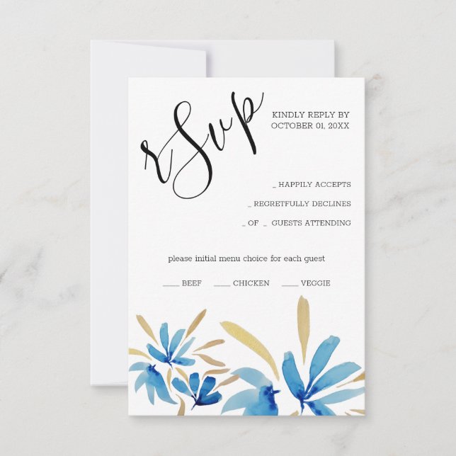 Elegant Rustic Blue And Gold Wildflowers RSVP Card (Front)
