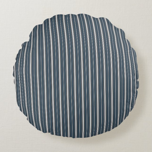 Elegant Rustic Blue Grey French Ticking Stripe  Round Cushion (Front)
