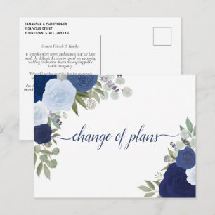 Elegant Rustic Blue Roses Change of Wedding Plans Announcement Postcard