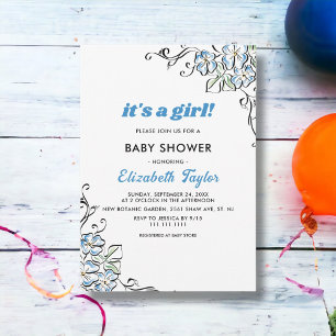 Elegant Rustic Blue Roses Floral Girl Baby Shower Invitation