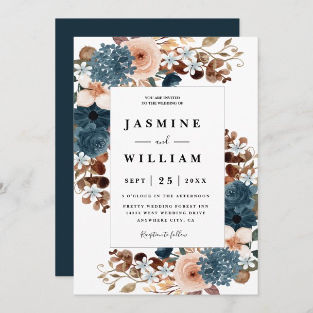 Elegant Rustic Boho Floral Navy Blue Wedding  Invitation (Front/Back)