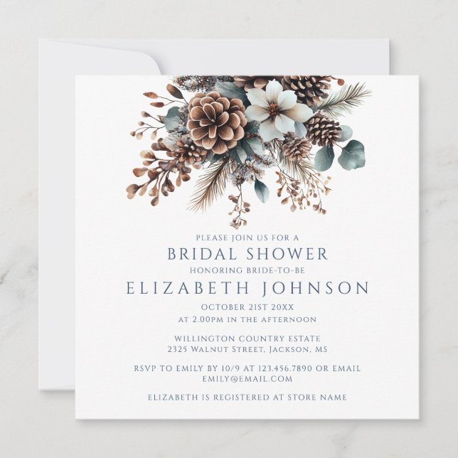 Elegant Rustic Boho Floral Pinecone Bridal Shower Invitation (Front)