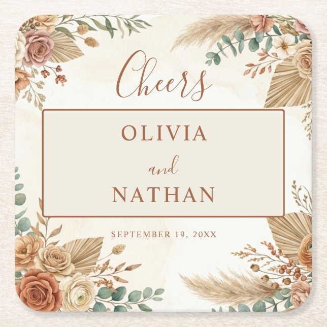 Elegant Rustic Boho Floral Wedding Paper Coaster (Front)