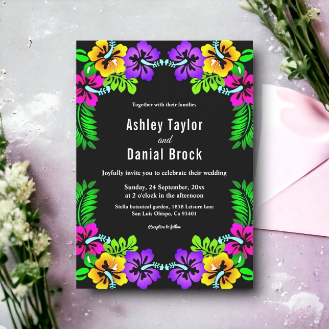Elegant Rustic Boho Flowers Black Floral Wedding Invitation (Creator Uploaded)