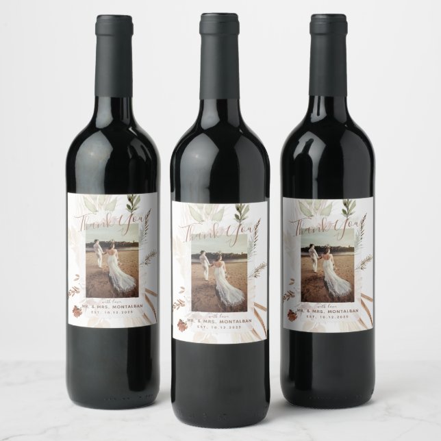 Elegant Rustic Boho Pampas  Wine Label (Bottles)