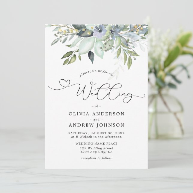 Elegant Rustic Botanical Greenery Leaves Wedding Invitation (Standing Front)