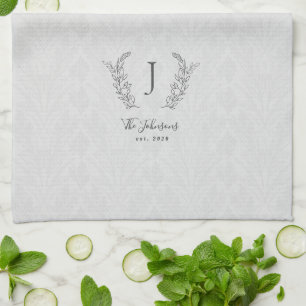 Elegant rustic botanical laurel monogram name tea towel
