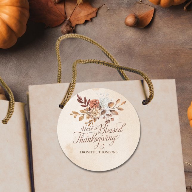 Elegant Rustic Brown Cream Floral Thanksgiving  Classic Round Sticker (Creator Uploaded)