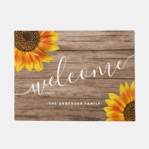 Elegant rustic brown wood print sunflower welcome doormat