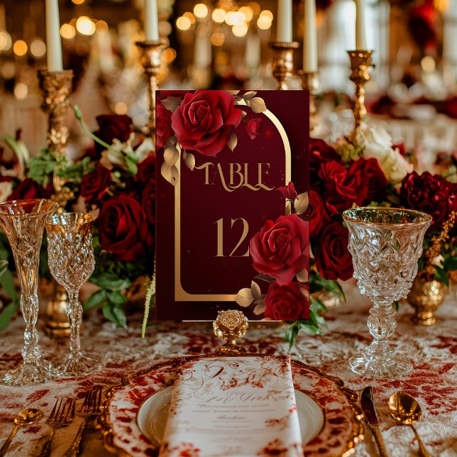 Elegant Rustic Burgundy and Gold Table Number (Elegant Burgundy Red Rose and Gold Table Number)