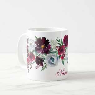 Elegant Rustic Burgundy Blue Roses and Peonies  Coffee Mug
