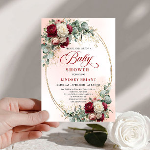 Elegant Rustic Burgundy Floral Gold Baby Shower Invitation