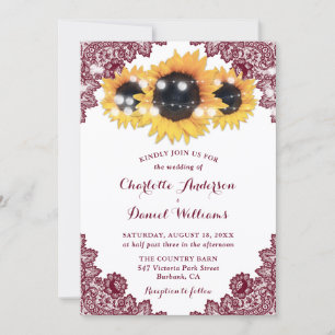 Elegant Rustic Burgundy Lace Sunflower Wedding Invitation