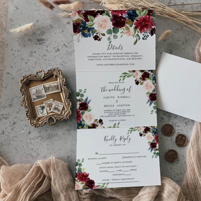 Elegant Rustic Burgundy Wedding Tri-Fold Invitation (Creator Uploaded)