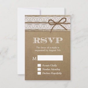 Elegant Rustic Burlap String Bow Wedding RSVP Card