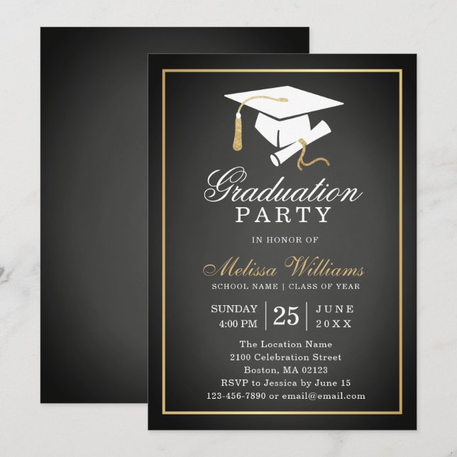 Elegant Rustic Chalkboard Black Gold Graduation Invitation (Front/Back)