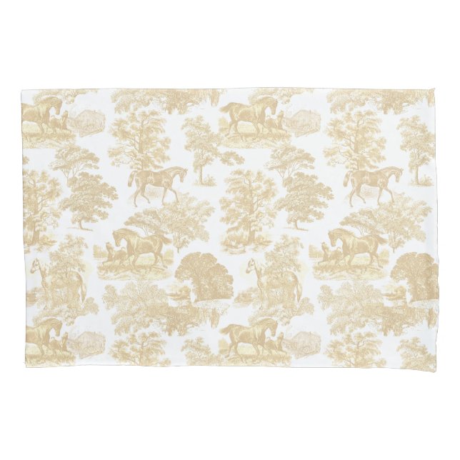 Elegant Rustic Chic Beige White Horses Toile Pillowcase (Front-Left)