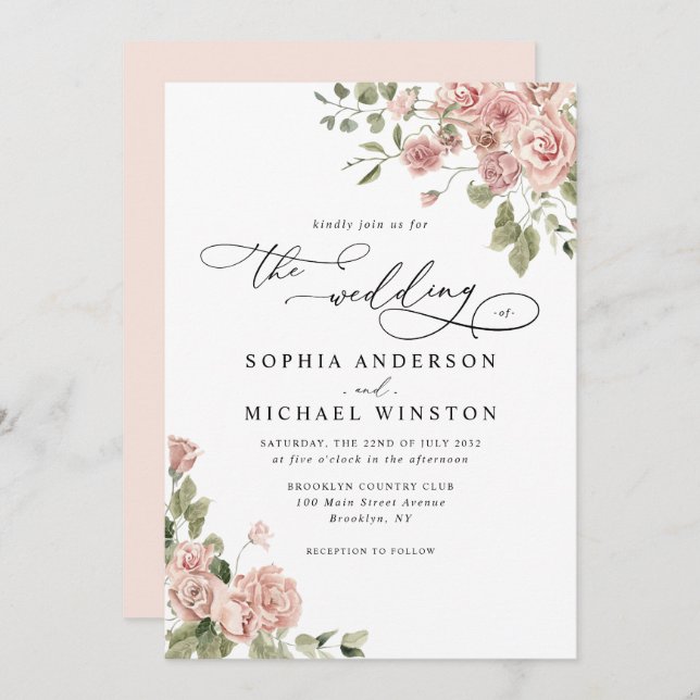 Elegant Rustic Chic Blush Pink Rose Floral Wedding Invitation (Front/Back)