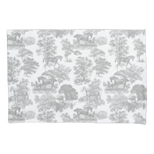 Elegant Rustic Chic Grey White Horses Toile Pillowcase