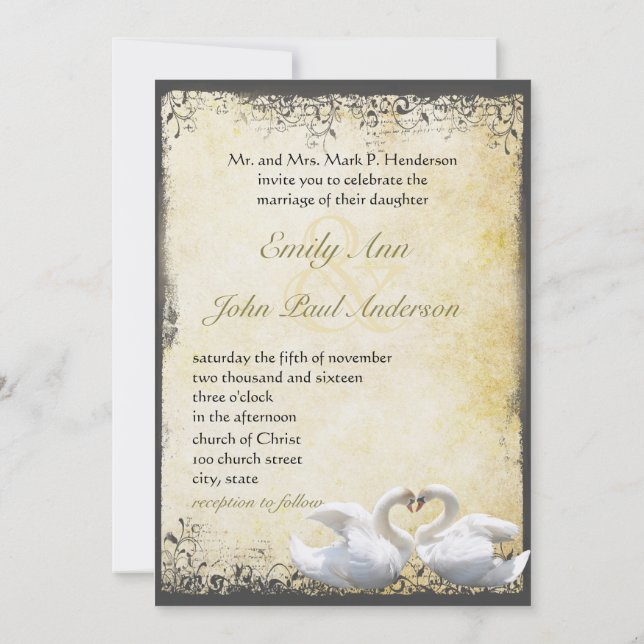 Elegant Rustic Chic Swan Love Birds Wedding Invitation (Back)
