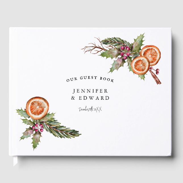 Elegant Rustic Christmas Botanical Wedding Guest Book (Front)