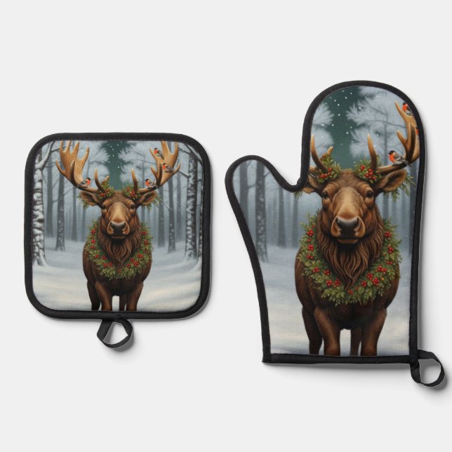 Elegant rustic Christmas moose winter landscape Oven Mitt & Pot Holder Set (Front)