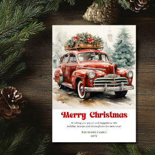 Elegant rustic Christmas red car vintage greeting Holiday Card