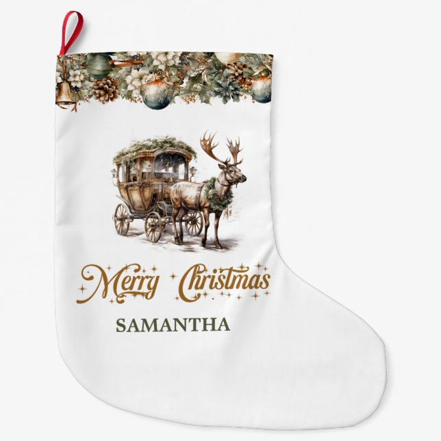 Elegant rustic Christmas Reindeer and carriage Large Christmas Stocking (Front)