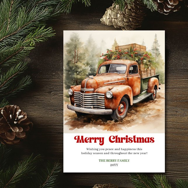 Elegant rustic Christmas scene red truck greeting Holiday Card (Elegant rustic Christmas scene red truck greeting)